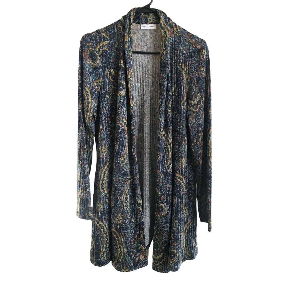 Susan Graver Printed Ribbed Sweater Knit Cardigan Open Front Fall Winter Medium